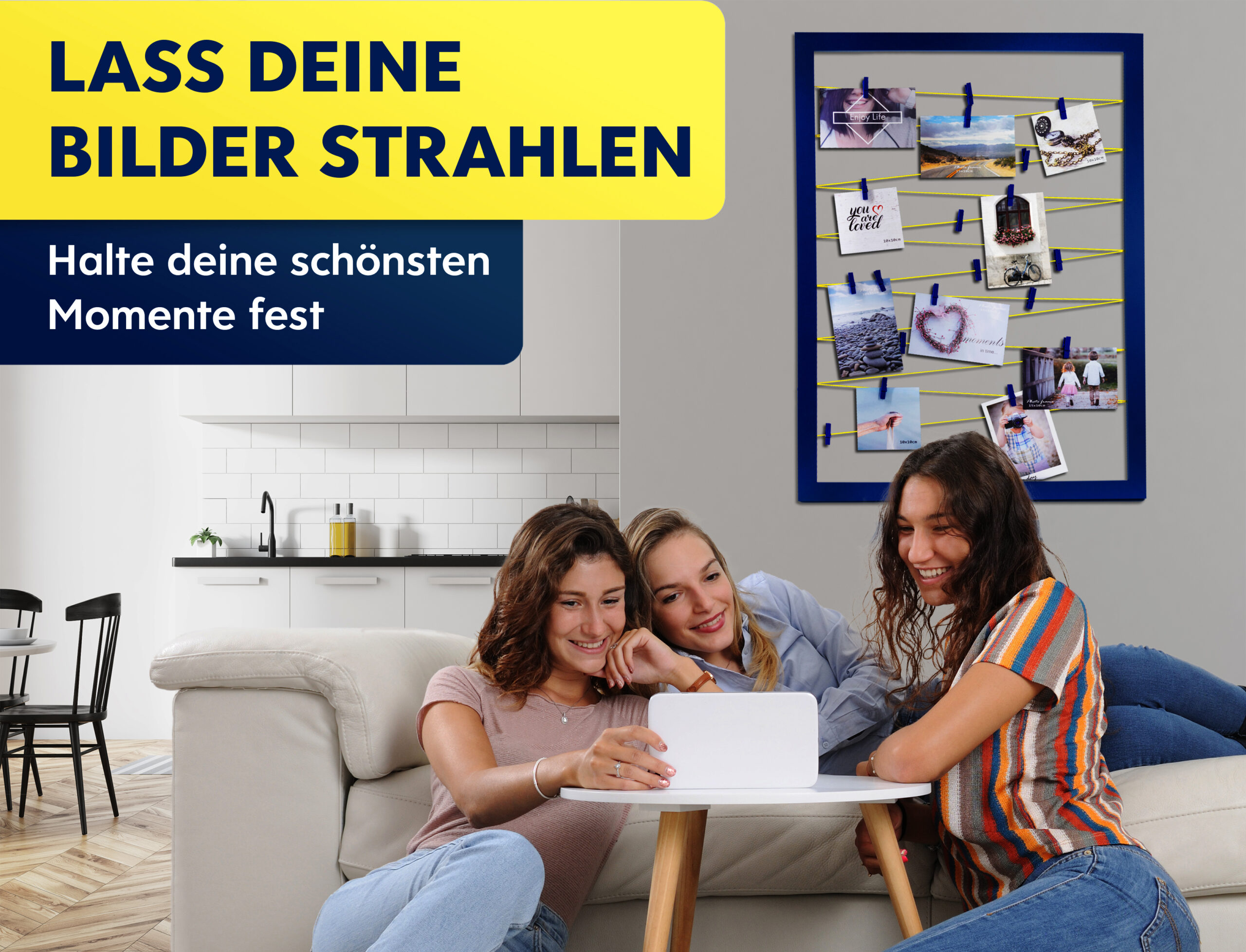 Bilderrahmen mit Klammern und Leine